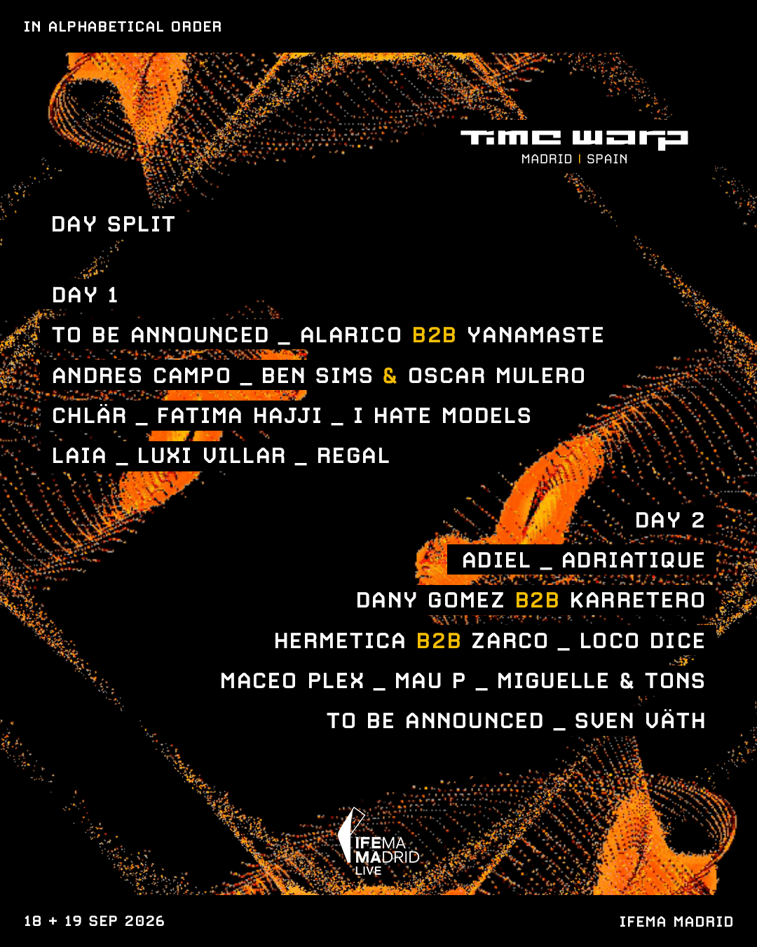 Time Warp Spain 2026 (Cartel de artistas por días)